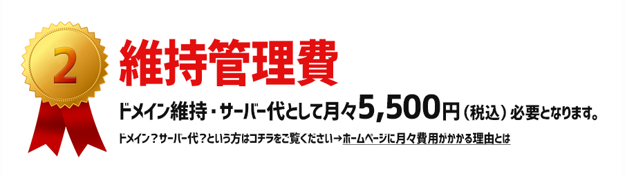 維持管理費：ドメイン維持・サーバー代として月々5,500円（税別）必要となります。